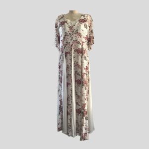 Vintage 1990s Nostalgia Ivory Pink Floral Chiffon Crochet V Neck Midi Dress S